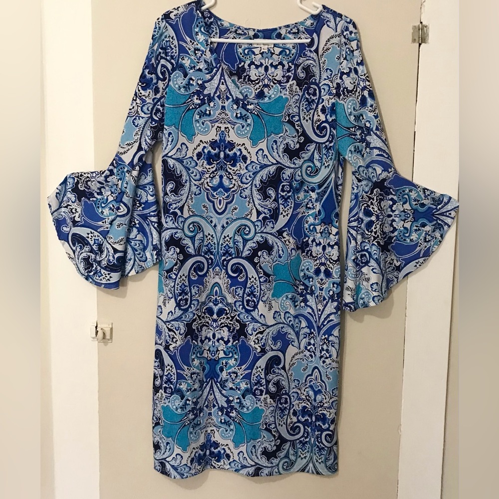Olivia Matthews EUC bell sleeve blue paisley spring dress